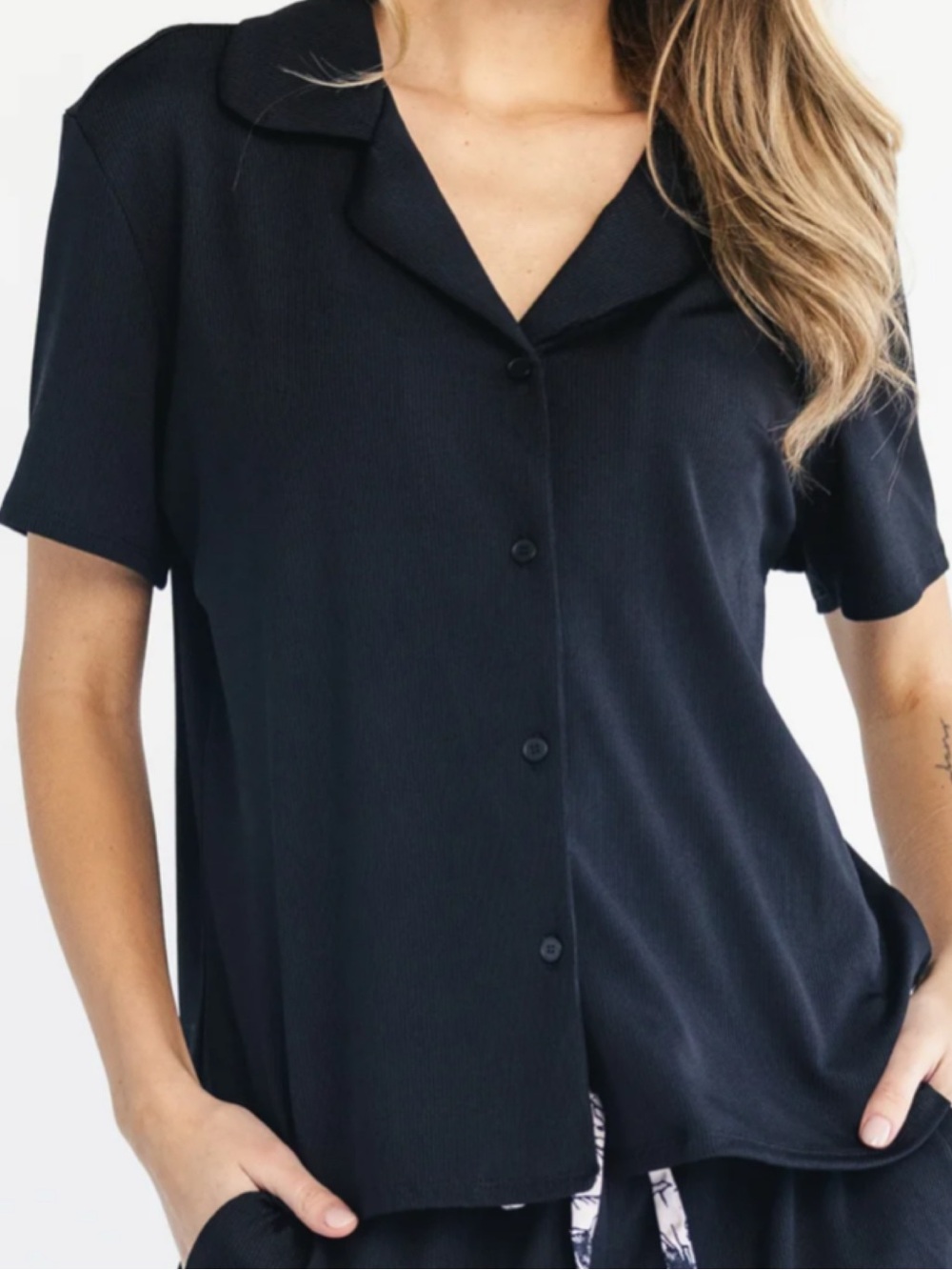 Baltic Born Blaire Woven Short-Sleeve Button Front Pajama Top in Black